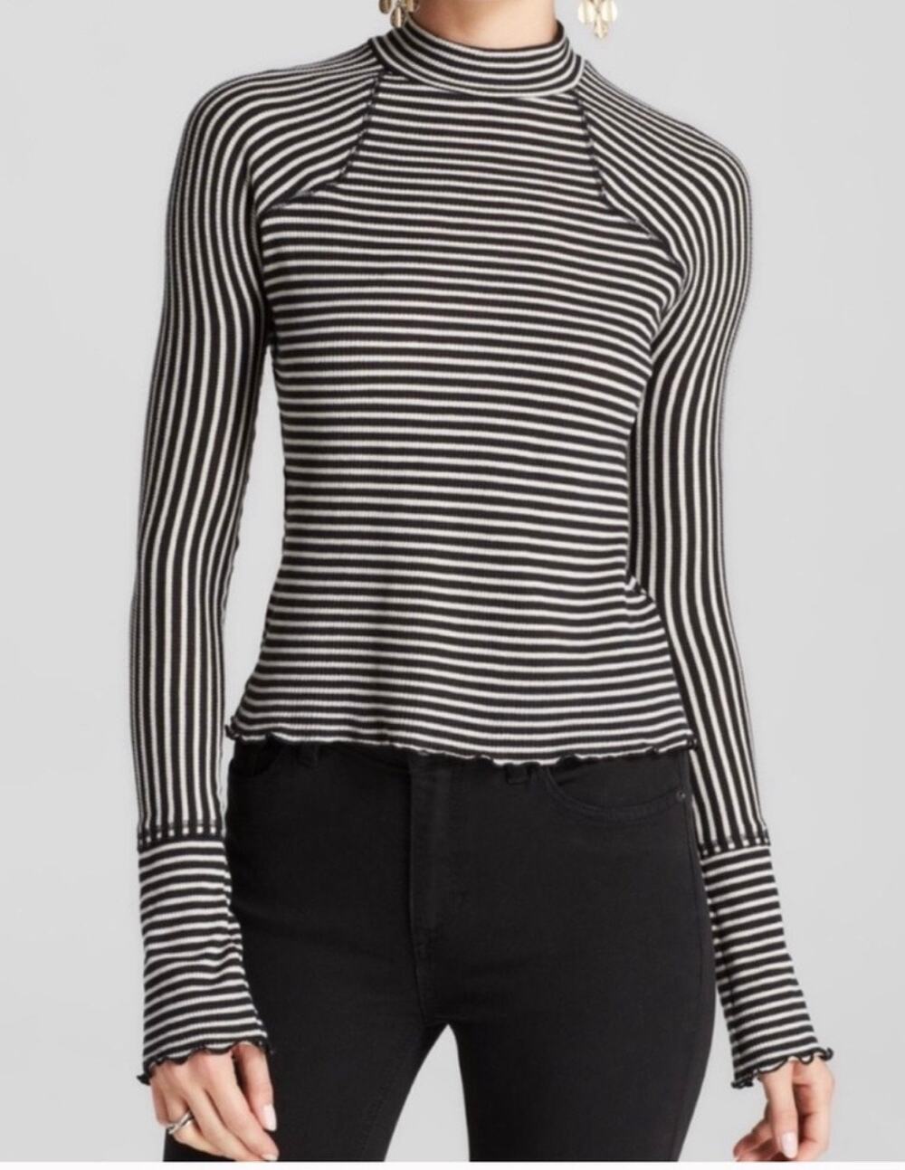 Free People Highlands Black White Ribbed Striped Mock Turtleneck-Size S